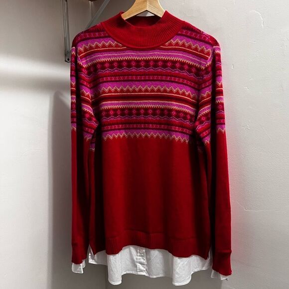 Isaac Mizrahi sweater shirt Mock-Neck Fair Isle Jacquard Red size M stylish cozy - Picture 3 of 15